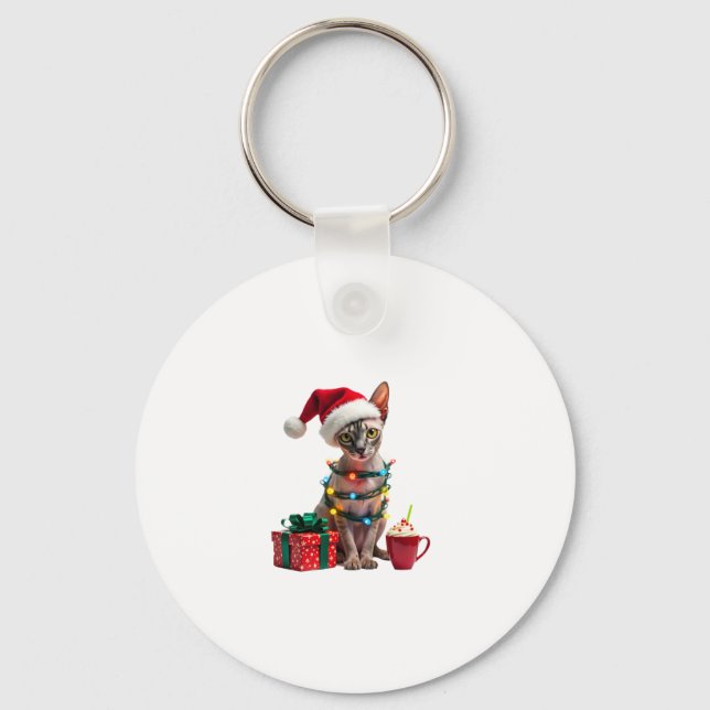 Pet Animal Lovers Cute Sphynx cat Reindeer Antlers Key Ring (Front)