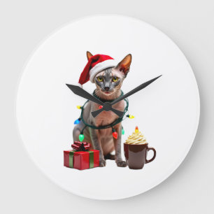 Pet Animal Lovers Cute Sphynx cat Reindeer Antlers Large Clock