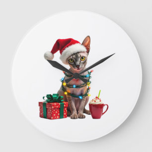 Pet Animal Lovers Cute Sphynx cat Reindeer Antlers Large Clock