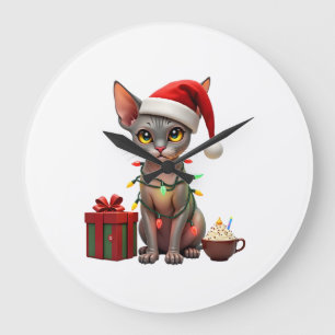 Pet Animal Lovers Cute Sphynx cat Reindeer Antlers Large Clock