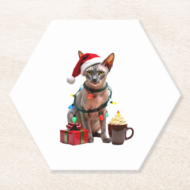 Pet Animal Lovers Cute Sphynx cat Reindeer Antlers Paper Coaster (Front)