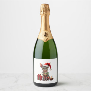 Pet Animal Lovers Cute Sphynx cat Reindeer Antlers Sparkling Wine Label