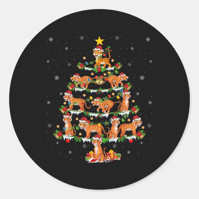 Pet Animal Xmas Lights Santa Tiger Christmas Tree  Classic Round Sticker (Front)