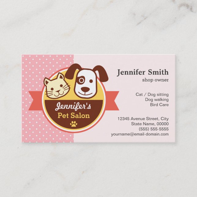 Pet Beauty Salon - Pink Polka Dots Business Card (Front)