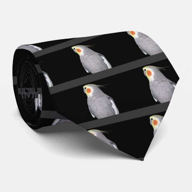 Pet Bird Cockatiel Photo on Black with Grey Stripe Tie (Rolled)