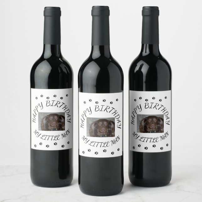 Pet Birthday Curved Pawprint Photo Design Wine Label (Bottles)