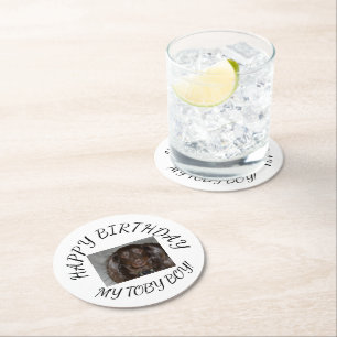 Pet Birthday Photo Script Celebration Design Round Paper Coaster