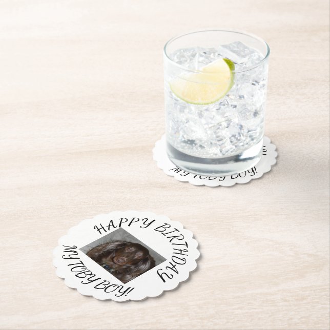 Pet Birthday Photo Script Scalloped Design Paper Coaster (Insitu)