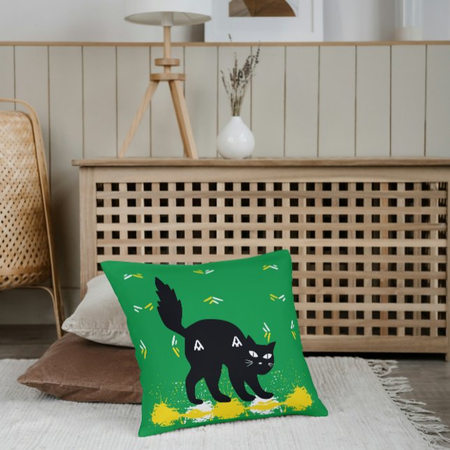 Pet Black Cat On Green White Yellow Cute Modern Cushion (Creator Uploaded)