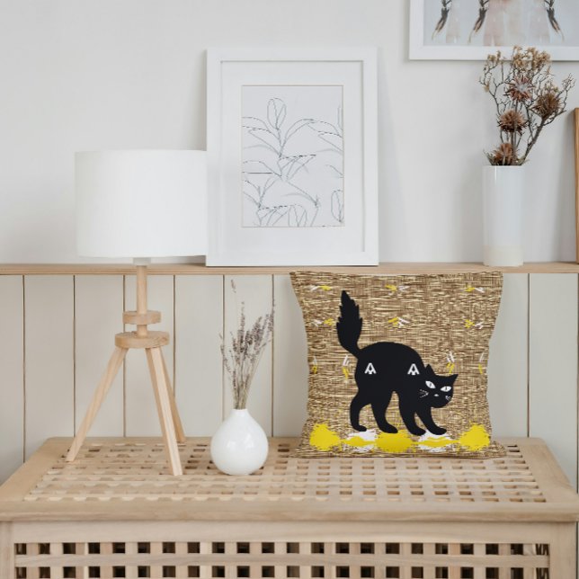 Pet Black Cat On White Yellow Cute Modern Burlap Cushion (Creator Uploaded)