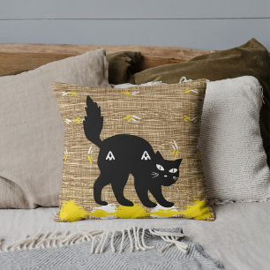 Pet Black Cat White Yellow Burlap Pattern Custom Cushion