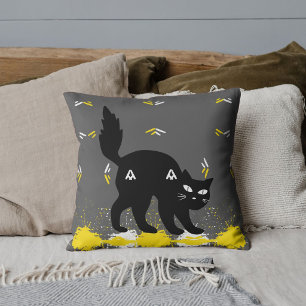Pet Black Cat White Yellow Pattern Grey Customised Cushion