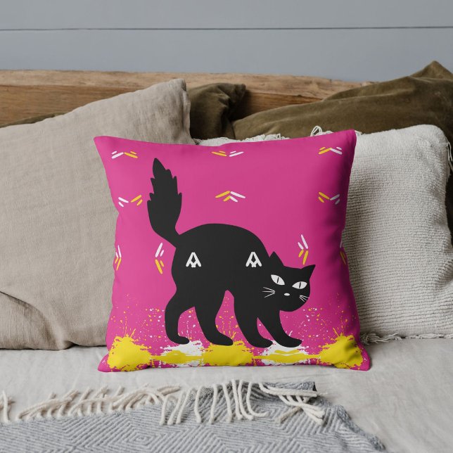 Pet Black Cat White Yellow Pattern Pink Customised Cushion (Creator Uploaded)