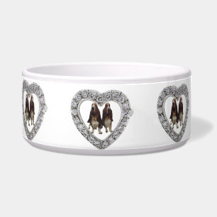 Pet Bowl Basset Hounds On Wjhite In Heart Diamond