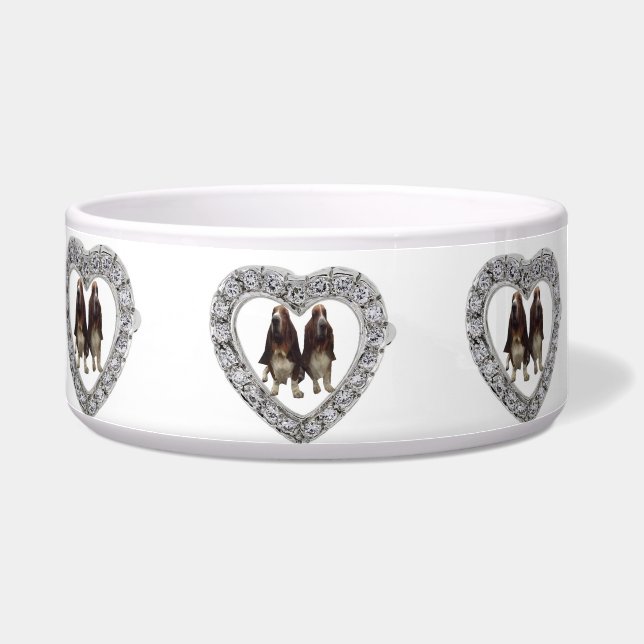 Pet Bowl Basset Hounds On Wjhite In Heart Diamond (Left)