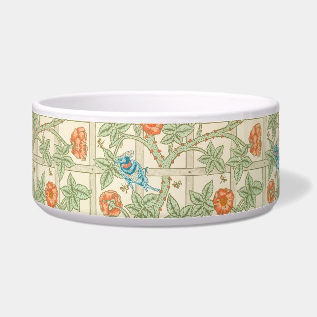 Pet Bowl Floral Garden Trellis Pattern with Birds (Front)