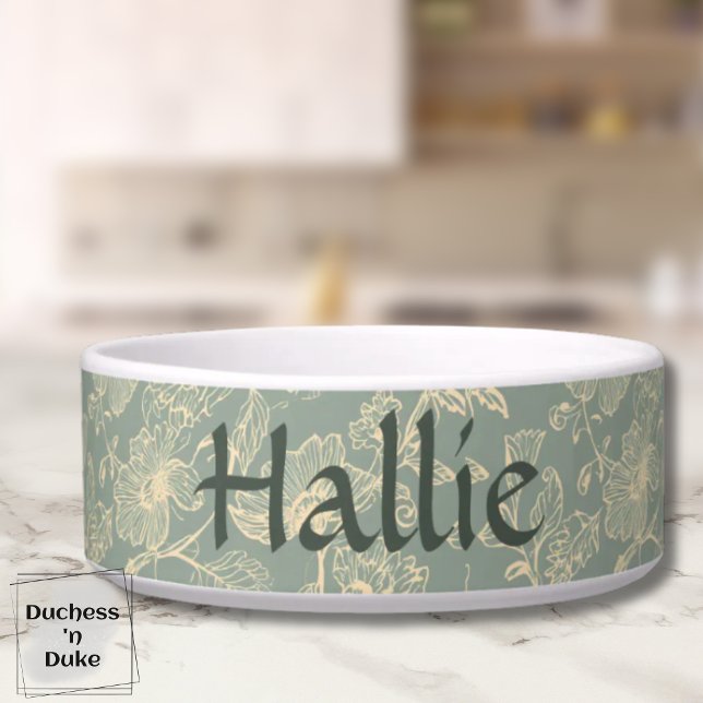 Pet Bowl - Sage Green Botanical, Personalised  (Personalized Sage Green Botanical Pet Bowl on marble table top)