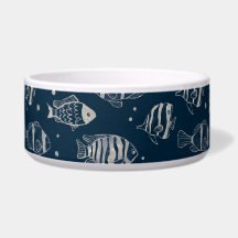 Pet Bowl with Cute Fish Sketch on Dark Blue .