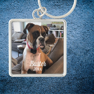 Pet Boxer Photo White Typography Personalize Key Ring