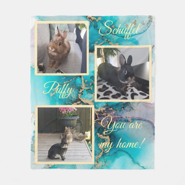 Pet bunny photo collage - green ink Fleecedecke Fleece Blanket (Front)