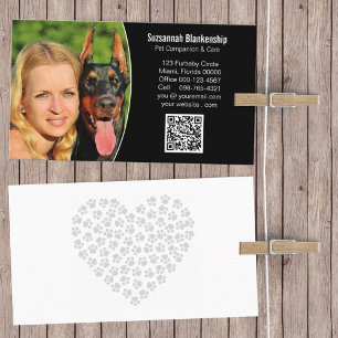 Pet Care Black White Custom QR Code and Photo Business Card