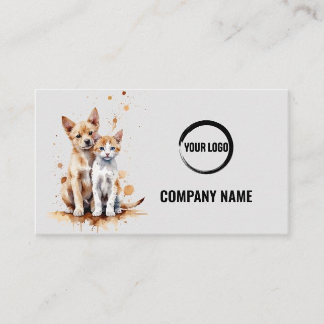 Pet Care Business Card Featuring Cat and Dog (Front)