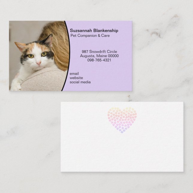 Pet Care Custom Photo Pastel Purple Business Card (Front/Back)