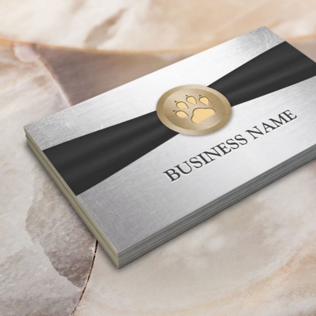 Pet Care Gold Paw Badge Black Ribbon Silver Business Card (Creator Uploaded)