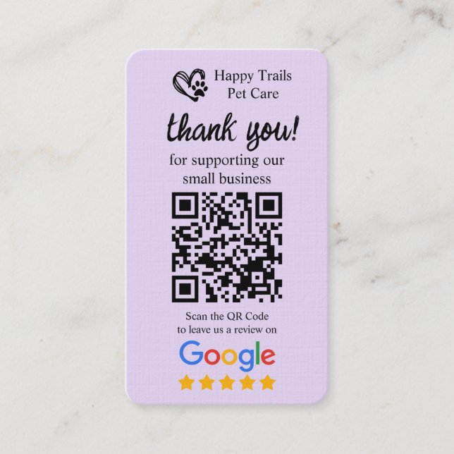 Pet Care Google Review Request Card with QR code (Front)