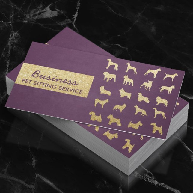 Pet Care Modern Purple & Gold Dogs Silhouettes Business Card (Creator Uploaded)