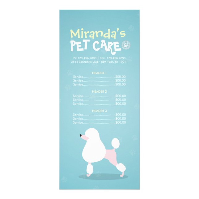 Pet Care Sitting Bathing Grooming Salon Price List Rack Card (Front)