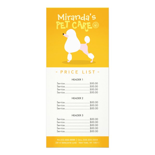 Pet Care Sitting Grooming Beauty Salon Price List Rack Card (Front)