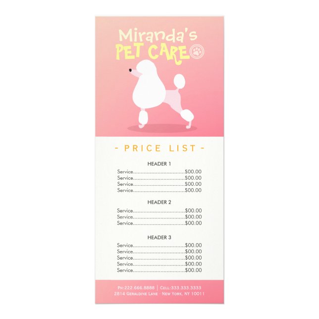 Pet Care Sitting Grooming Beauty Salon Price List Rack Card (Front)