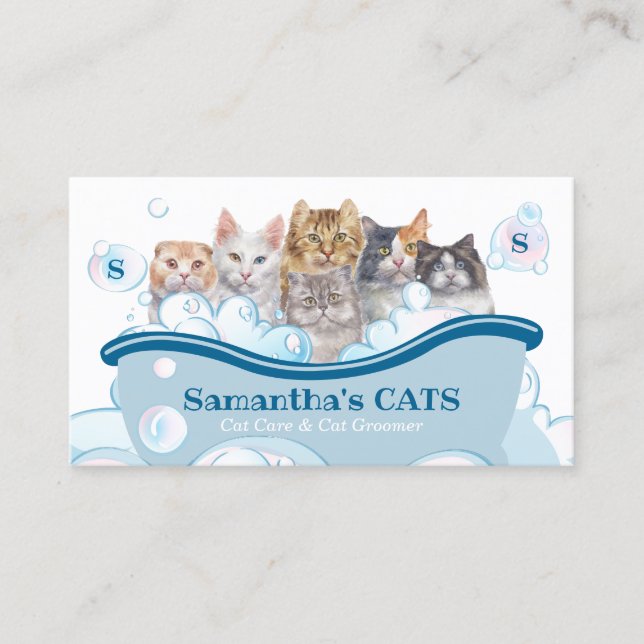 Pet Care Spa Salon Sitting Bathtub Groomer Cat Business Card (Front)