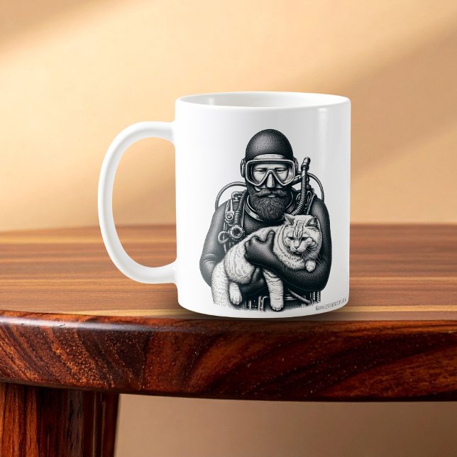 Pet Cat and Dad Scuba Diver Coffee Mug (Scuba Diving Cat Dad)