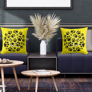 Pet Cat And Paws In Modern Cute Cool Black Yellow Cushion