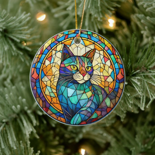 Pet Cat Ceramic Decorative Stained glass look Tree Decoration (Tree)