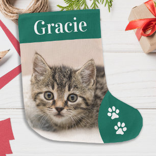 Pet Cat Custom Photo Holiday Green Personalised Large Christmas Stocking