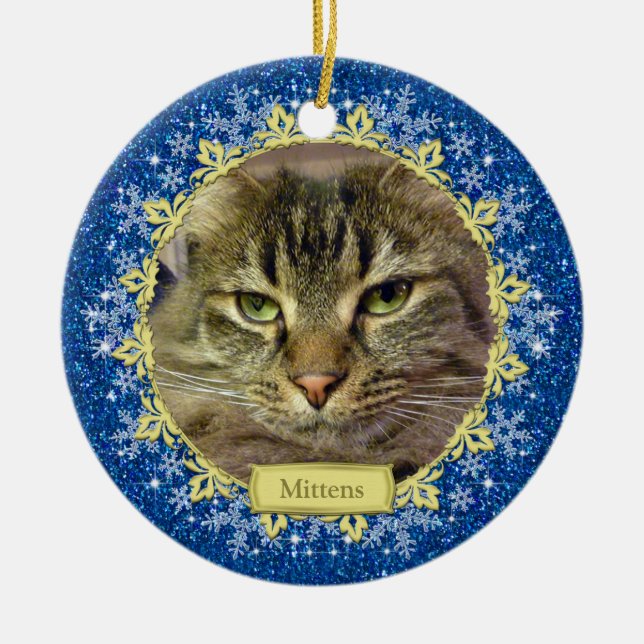 Pet Cat Memorial Blue Snowflake Photo Christmas Ceramic Tree Decoration (Front)