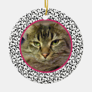 Pet Cat Memorial Chic Floral Photo Christmas Ceramic Tree Decoration
