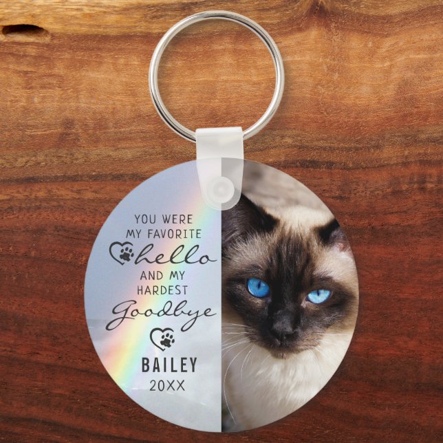 Pet Cat Memorial Favourite Hello Photo Rainbow Key Ring (Front)