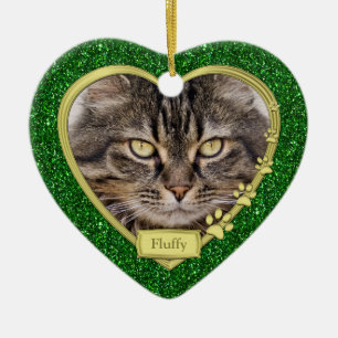 Pet Cat Memorial Green Gold Heart Photo Christmas Ceramic Tree Decoration