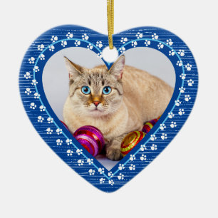 Pet Cat Memorial Paw Prints Heart Photo Christmas Ceramic Tree Decoration