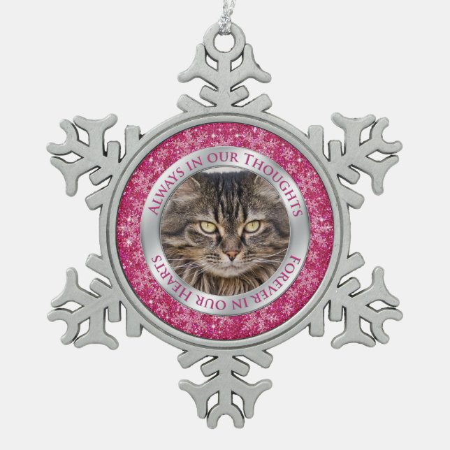 Pet Cat Memorial Photo Christmas Pink Silver Snowflake Pewter Christmas Ornament (Front)