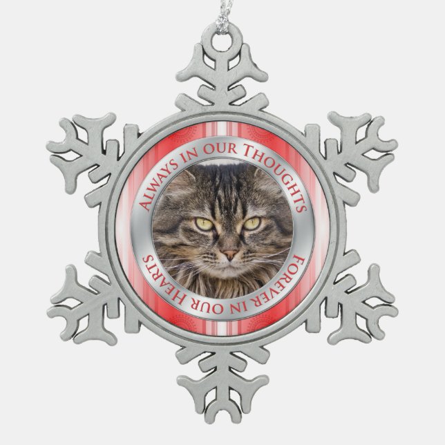 Pet Cat Memorial Photo Christmas Red Silver White Snowflake Pewter Christmas Ornament (Front)