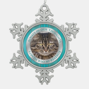Pet Cat Memorial Photo Christmas Teal Silver Snowflake Pewter Christmas Ornament