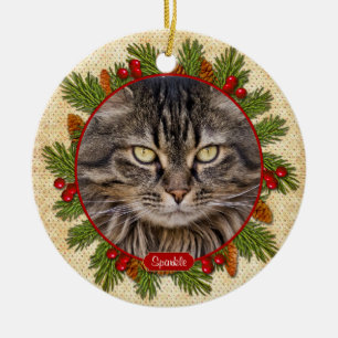 Pet Cat Memorial Pine Boughs Holly Photo Christmas Ceramic Tree Decoration