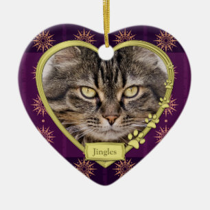 Pet Cat Memorial Purple Gold Heart Photo Christmas Ceramic Tree Decoration