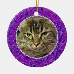 Pet Cat Memorial Purple Photo Christmas Ceramic Tree Decoration