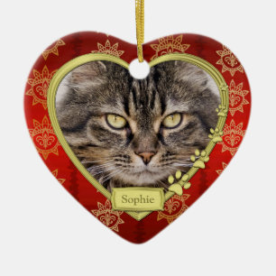 Pet Cat Memorial Red Gold Heart Photo Christmas Ceramic Tree Decoration